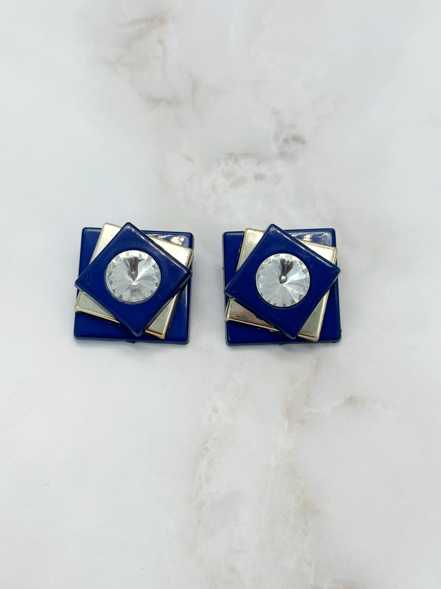 Vintage Statement Ohrclips Eckig Blau Gold Strass