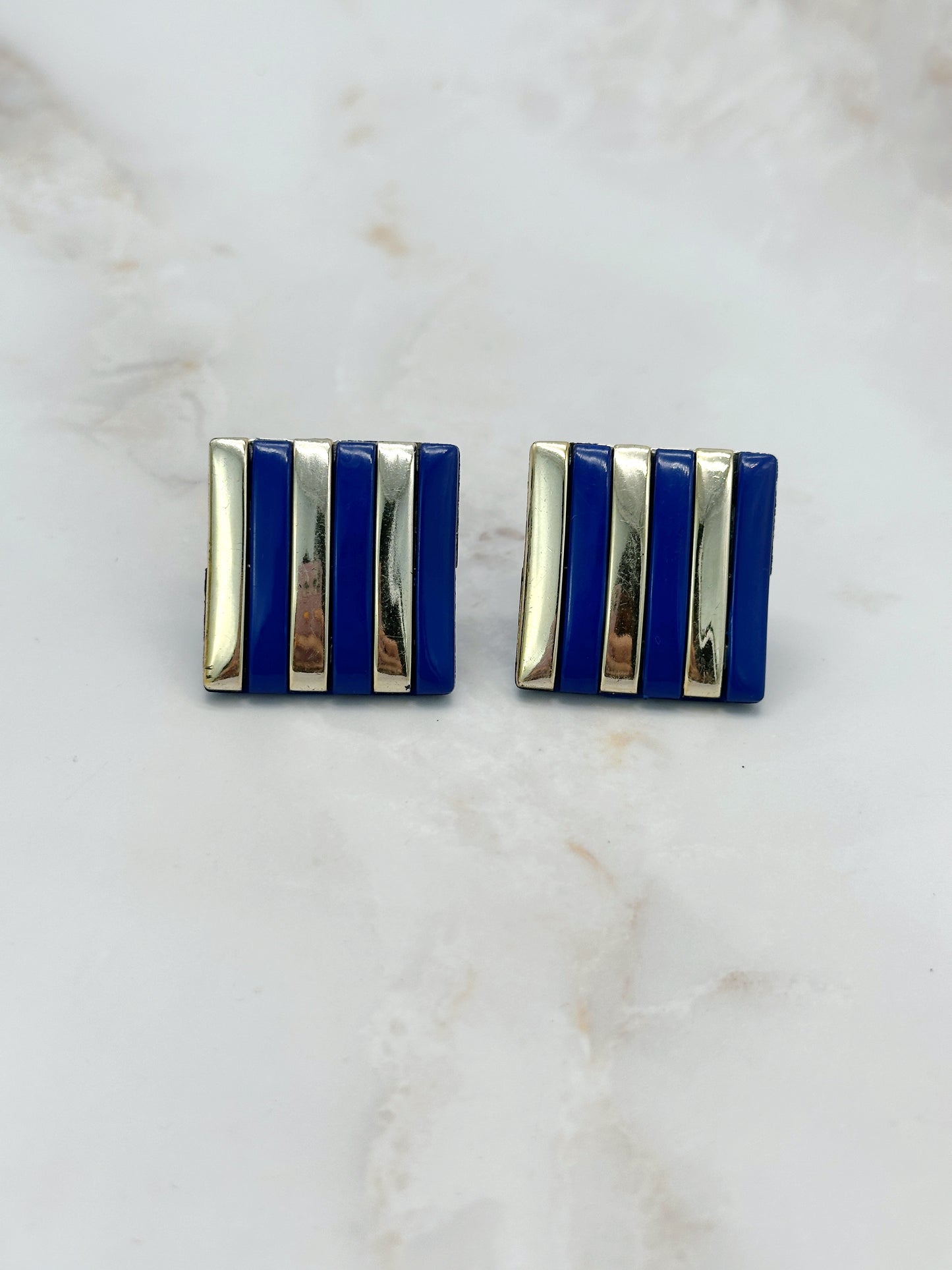 Vintage Ohrclips Gestreift Blau Gold Made in Germany