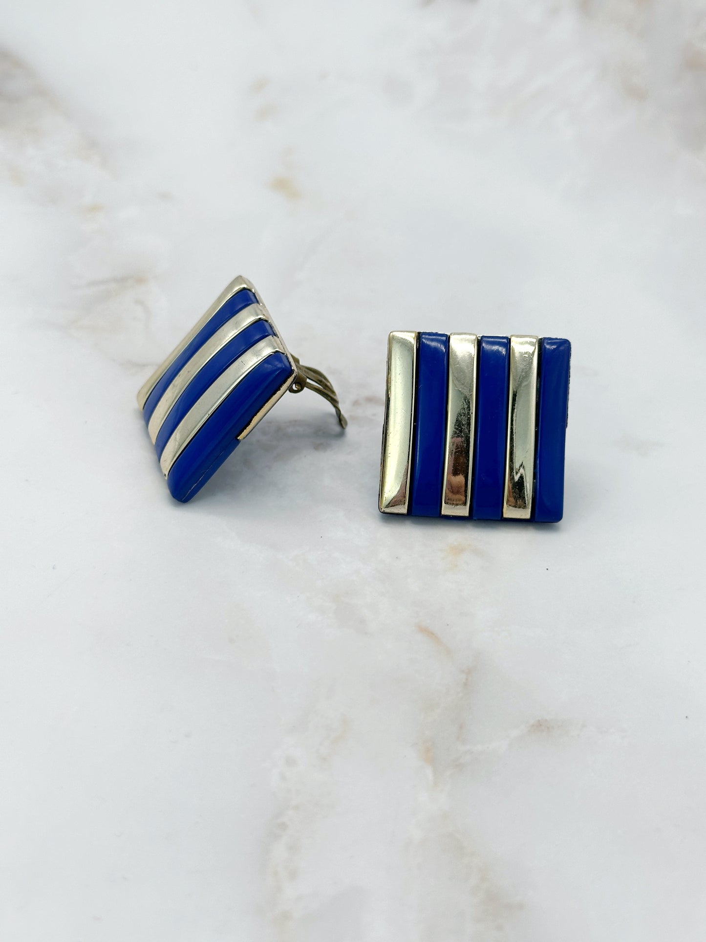 Vintage Ohrclips Gestreift Blau Gold Made in Germany