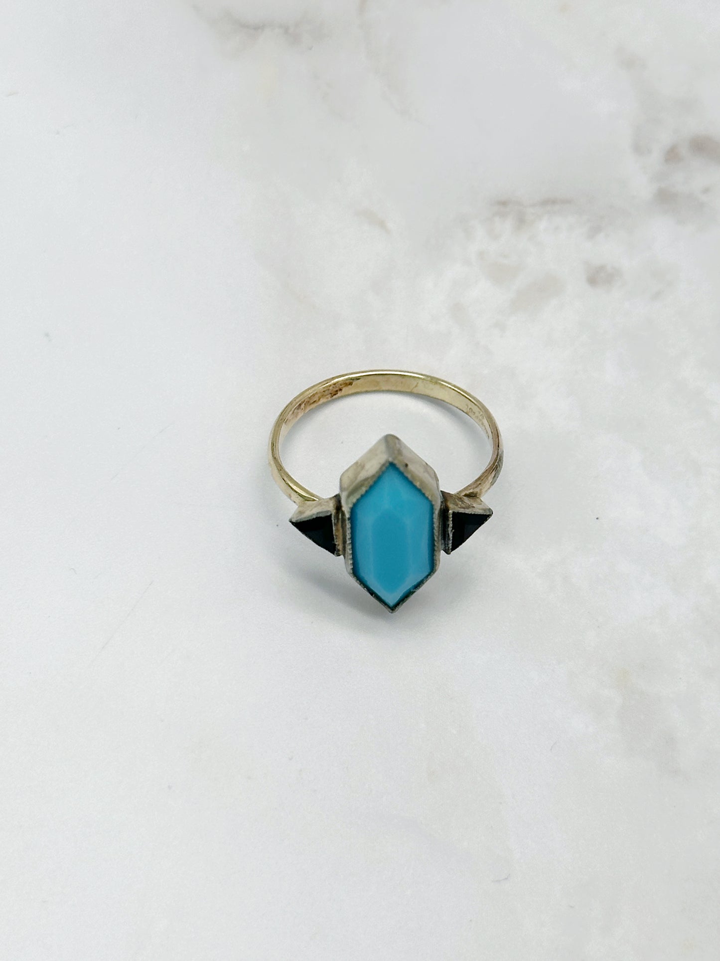 Grafischer Art Déco Ring Doublé Türkis & Schwarz