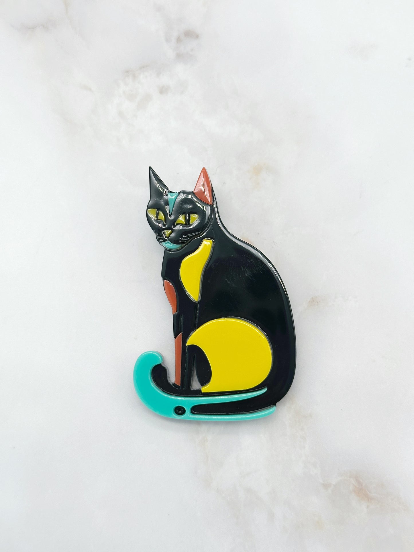 Brosche Acryl Katze Schwarz mit Bunten Akzenten