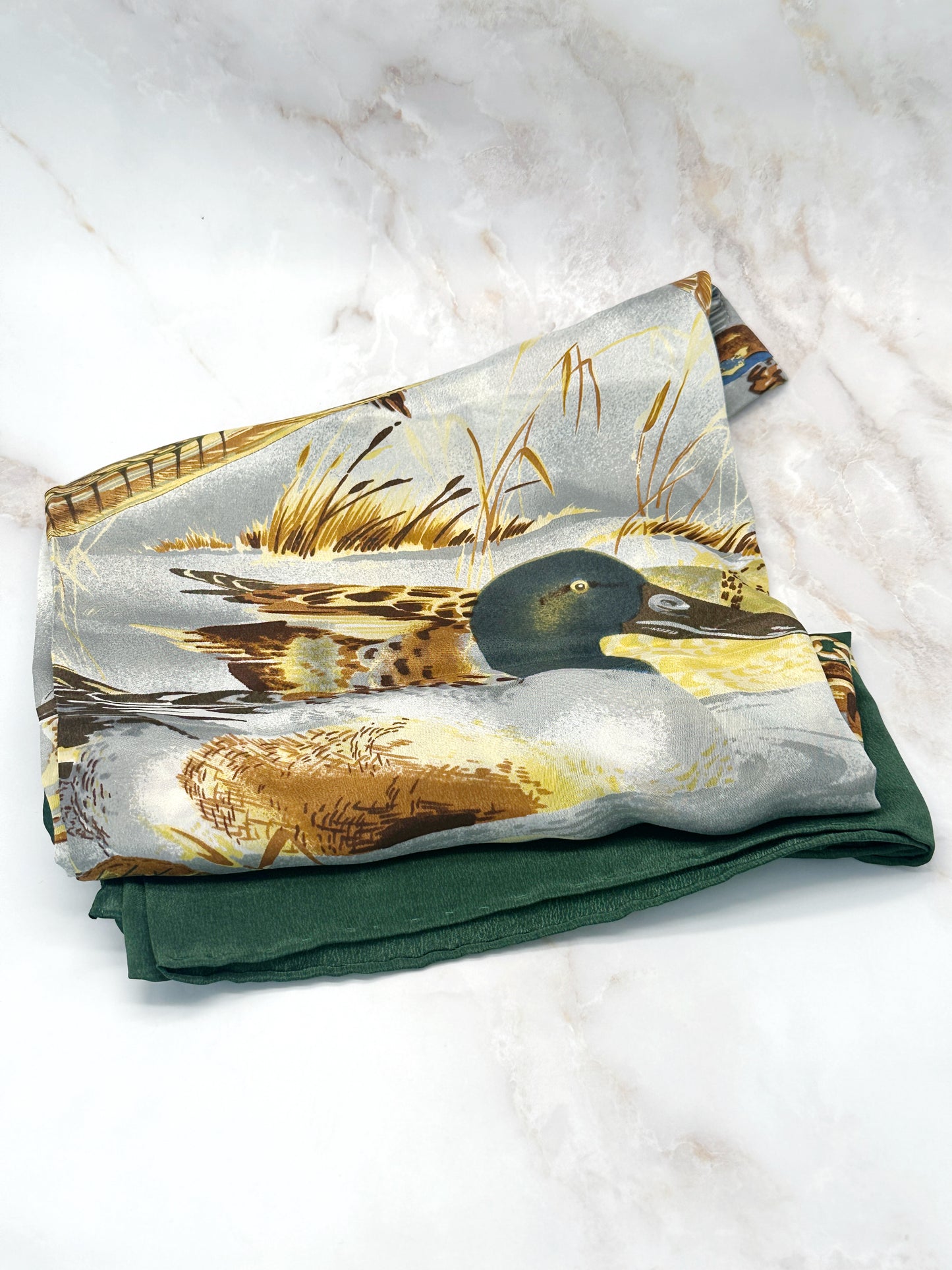 Vintage Seidentuch Entenmotiv Grün & Gold
