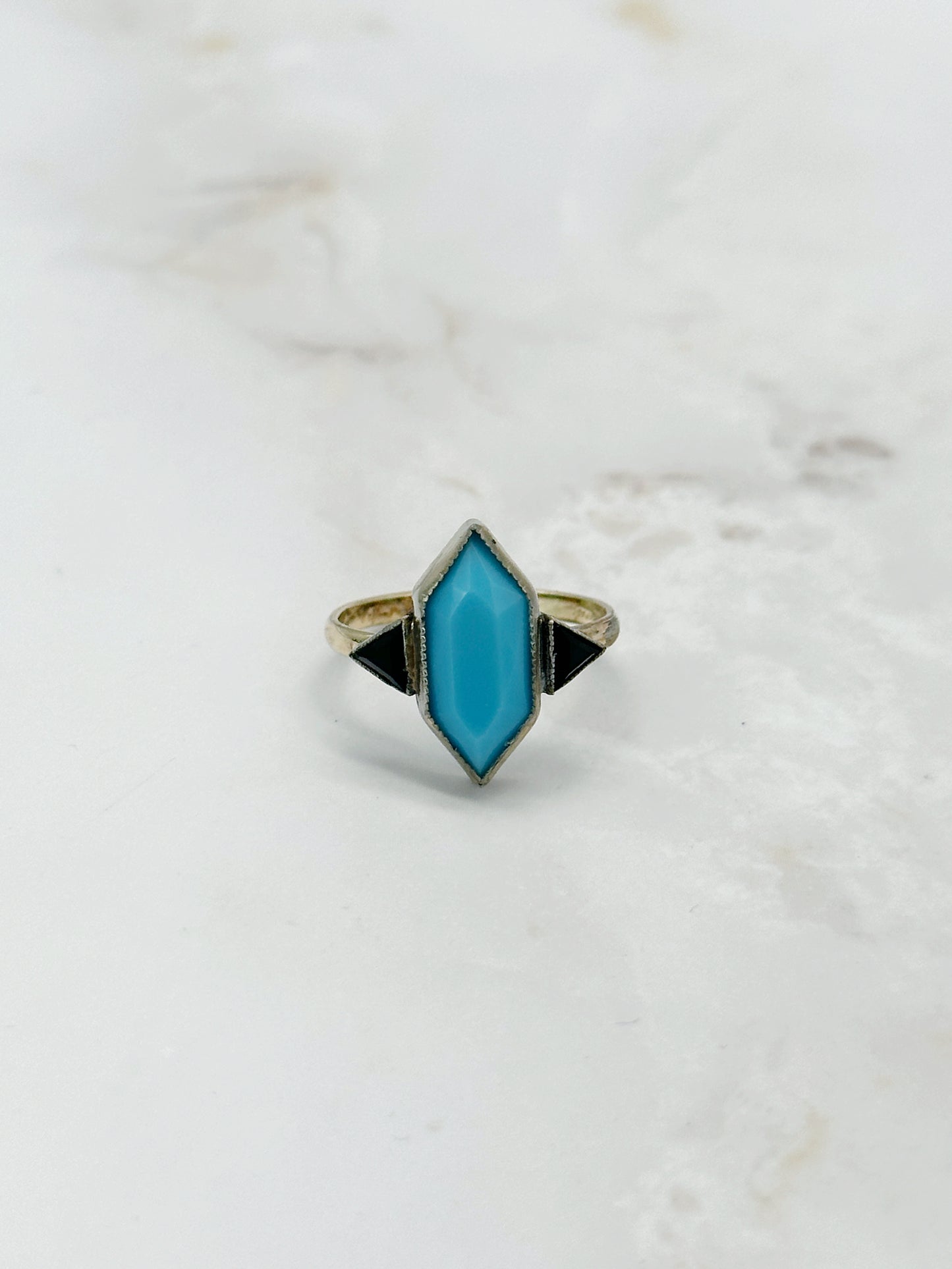 Grafischer Art Déco Ring Doublé Türkis & Schwarz