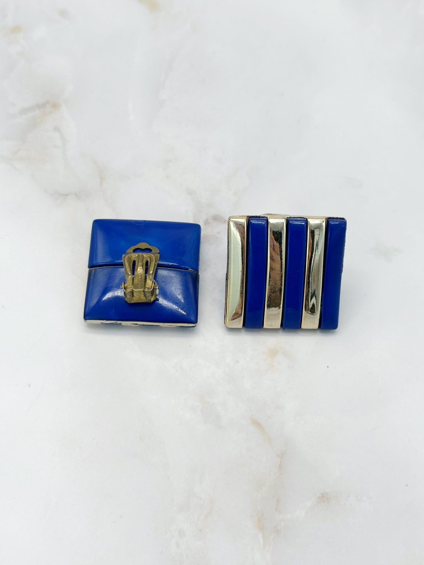 Vintage Ohrclips Gestreift Blau Gold Made in Germany