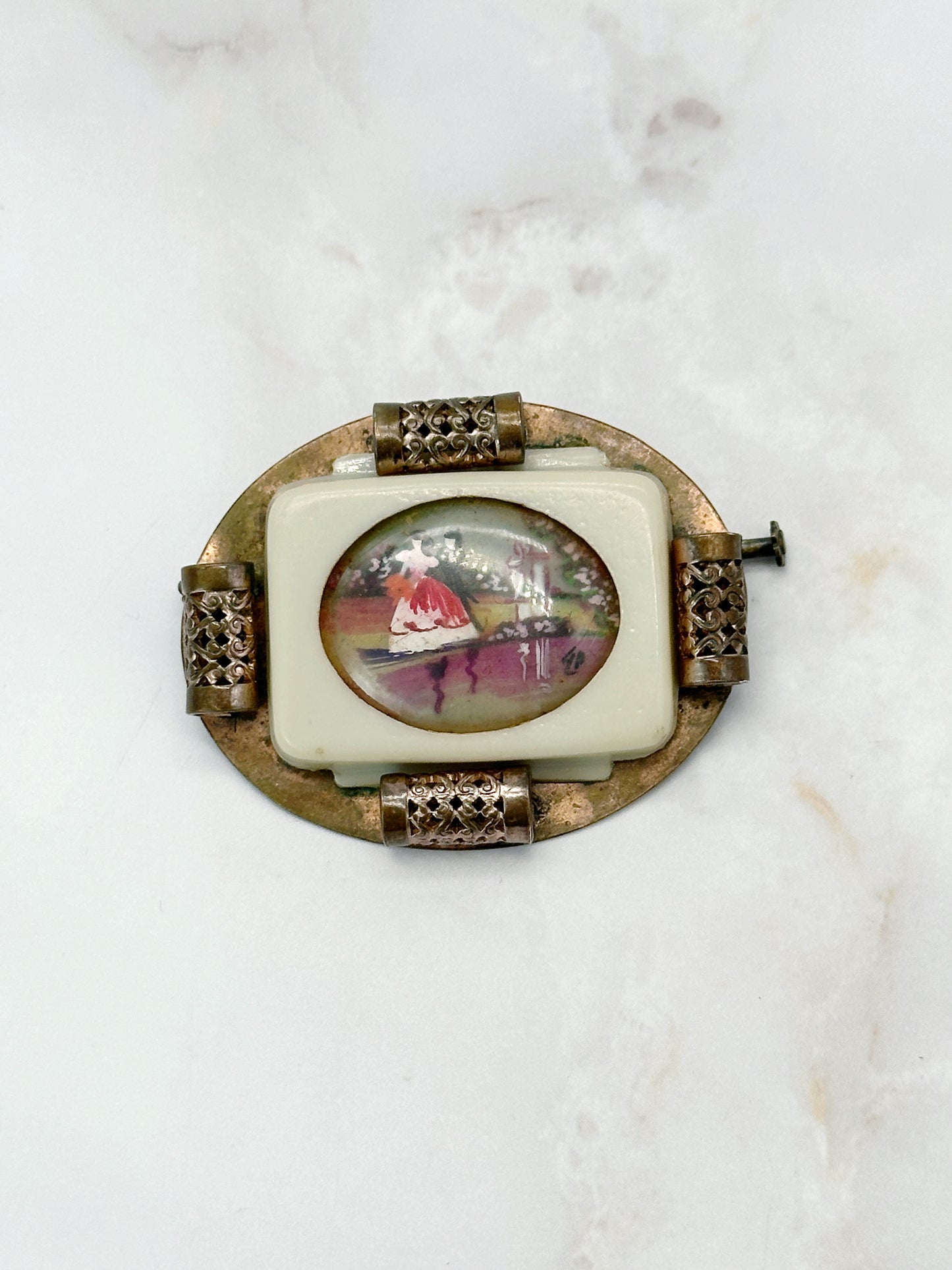 Vintage Brosche mit Hinterglasmalerei auf Kunststoff