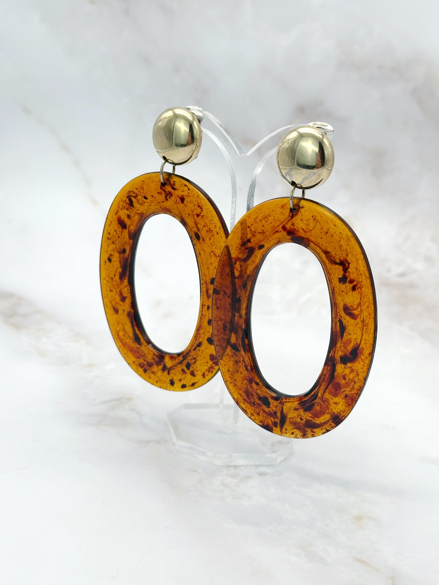 Lange Vintage Ohrgehänge Braunes Lucite Vergoldet