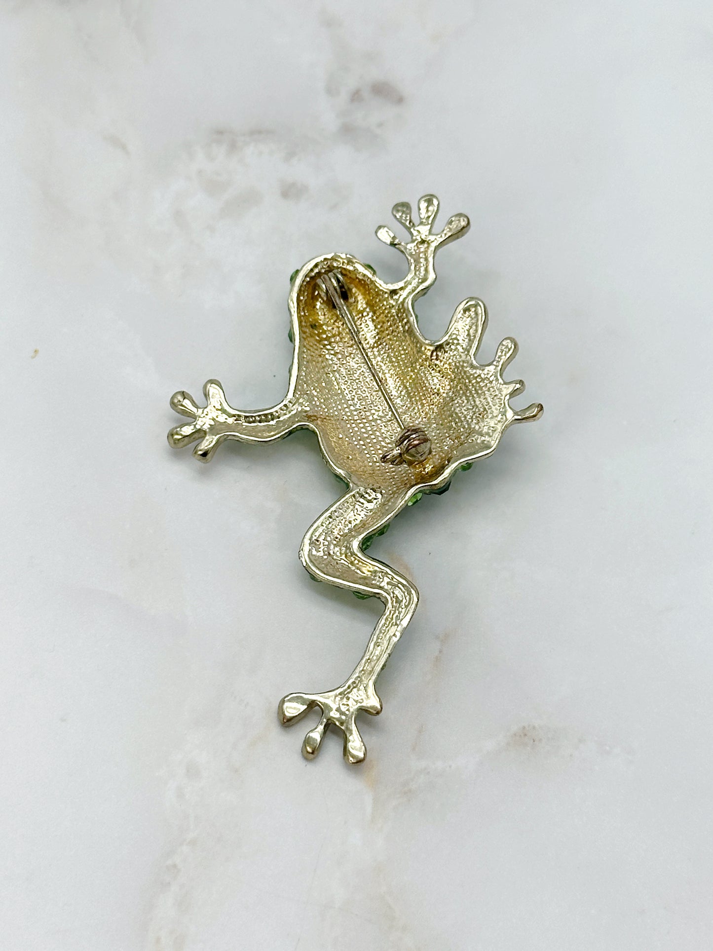 Vintage Frosch Brosche Vergoldet Grüner Strass