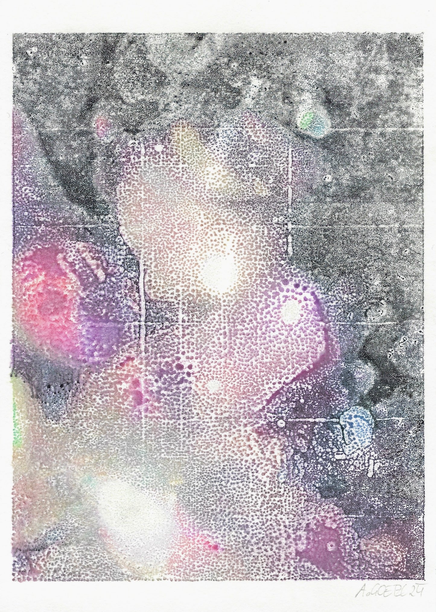 Amelie Goetzl, aus der Serie: ILLUSIONAL, 2024, Monotypien auf Papier, 21 x 15 cm, gerahmt