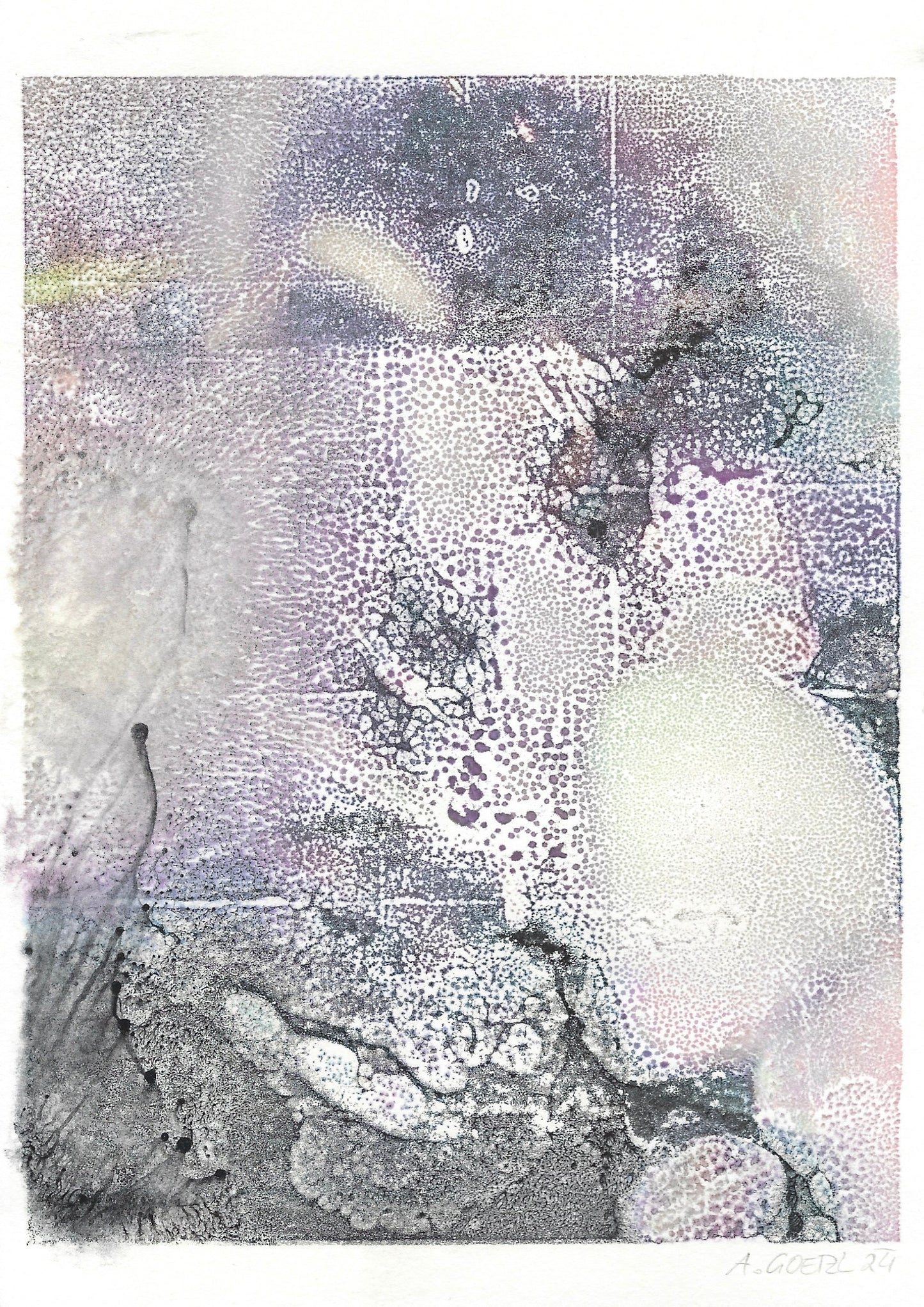 Amelie Goetzl, aus der Serie: ILLUSIONAL, 2024, Monotypien auf Papier, 21 x 15 cm, gerahmt