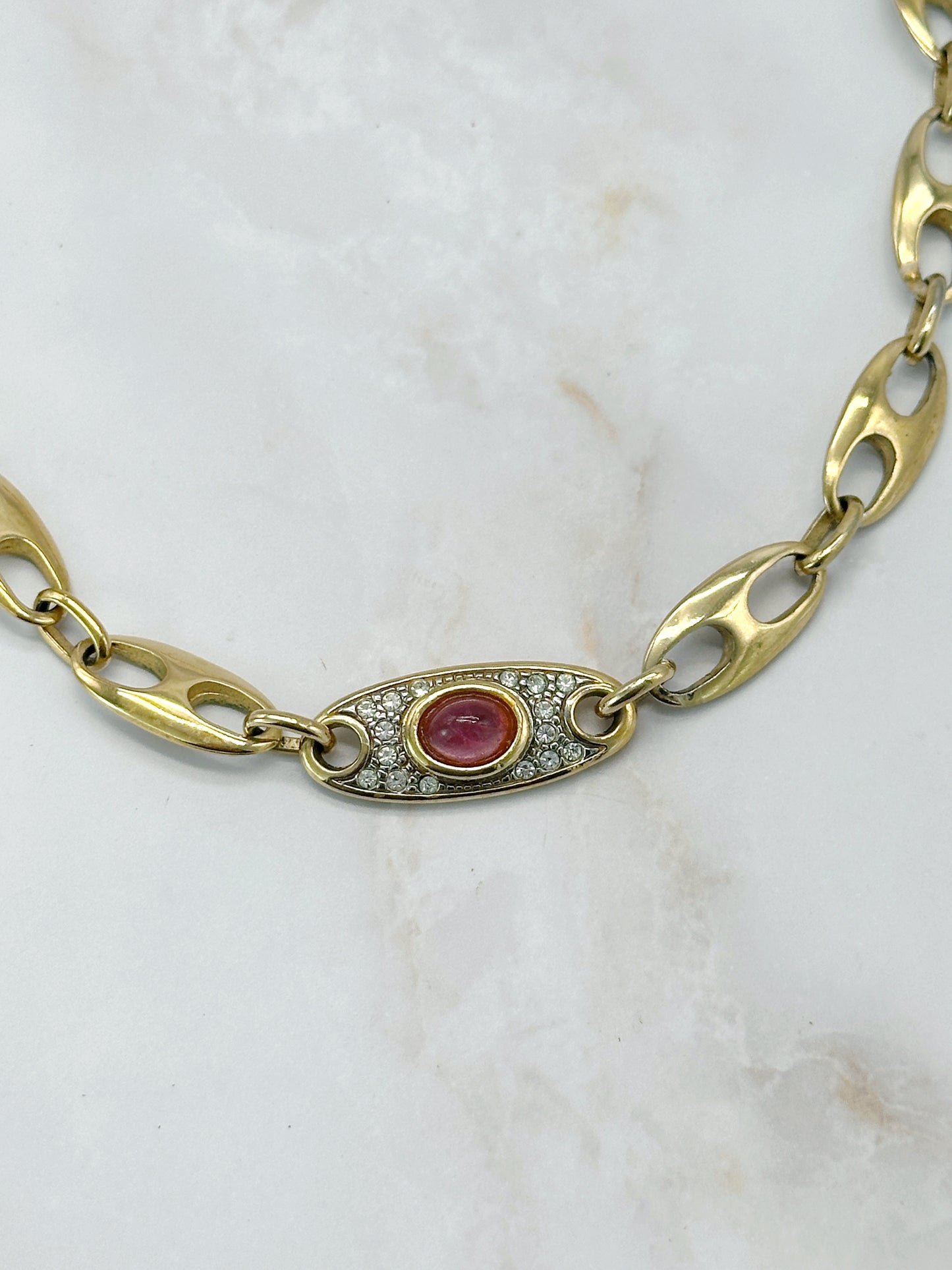 Vintage Kaffeebohnen Halskette Vergoldet Rosa Cabochon