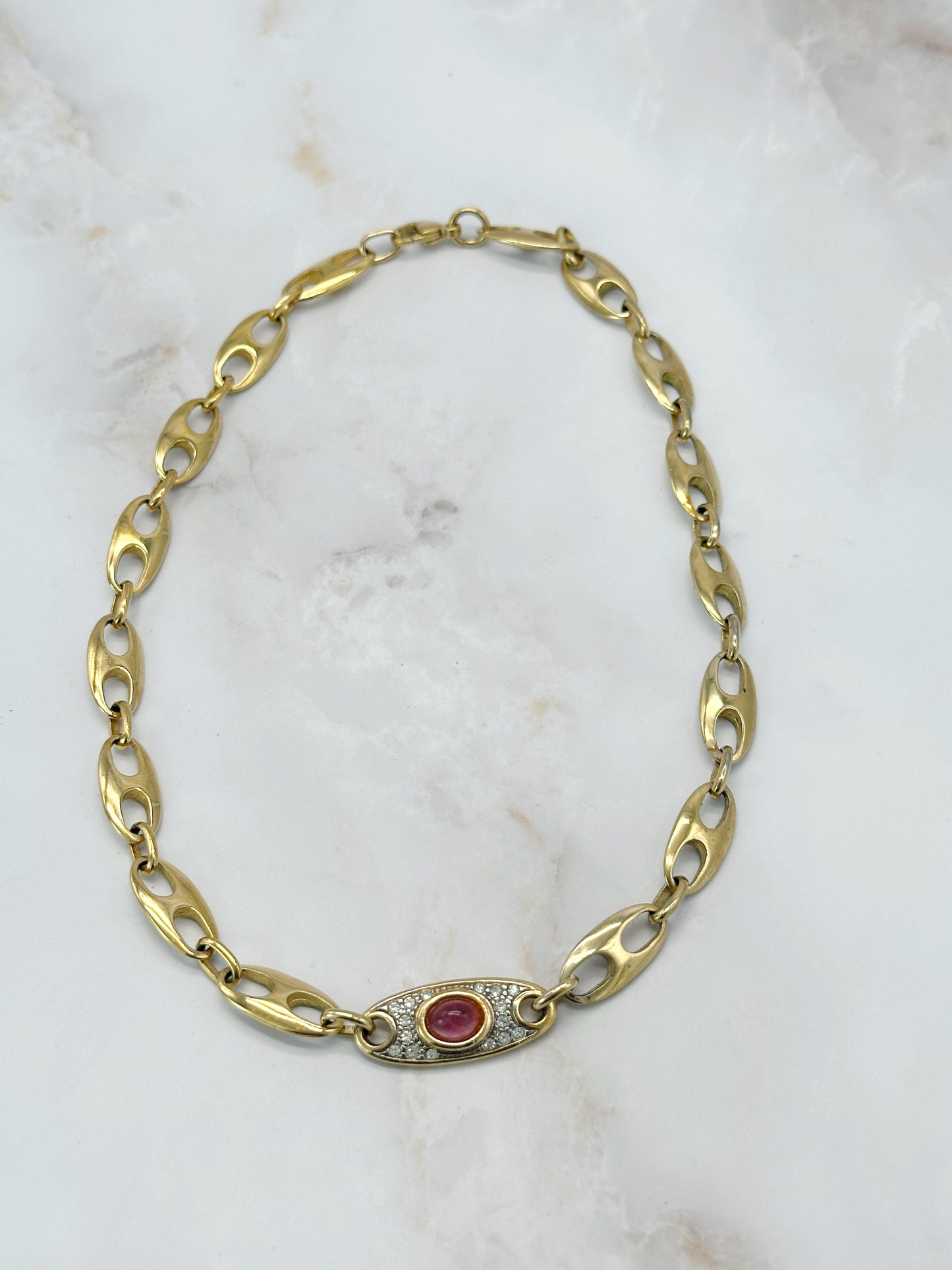 Vintage Kaffeebohnen Halskette Vergoldet Rosa Cabochon