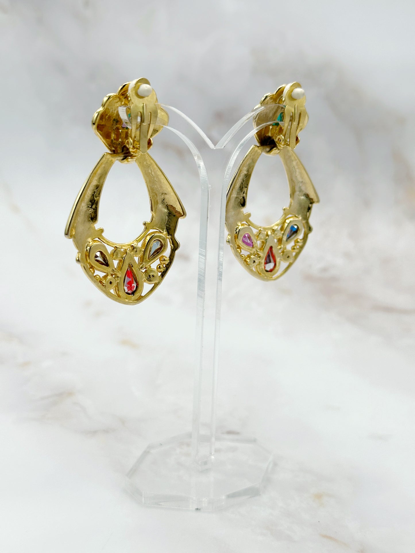 Vintage Ohrclips Doorknocker Bunte Kristalltropfen