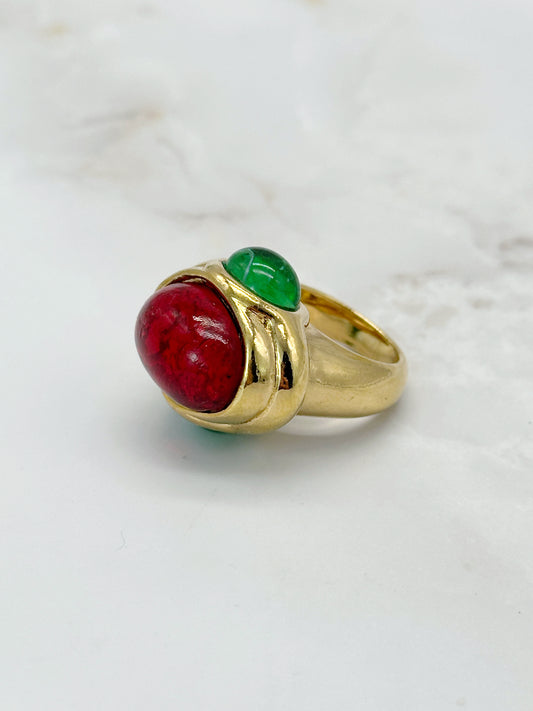 Opulenter Vintage Ring Etruskischer Stil Rubinrot & Smaragdgrün