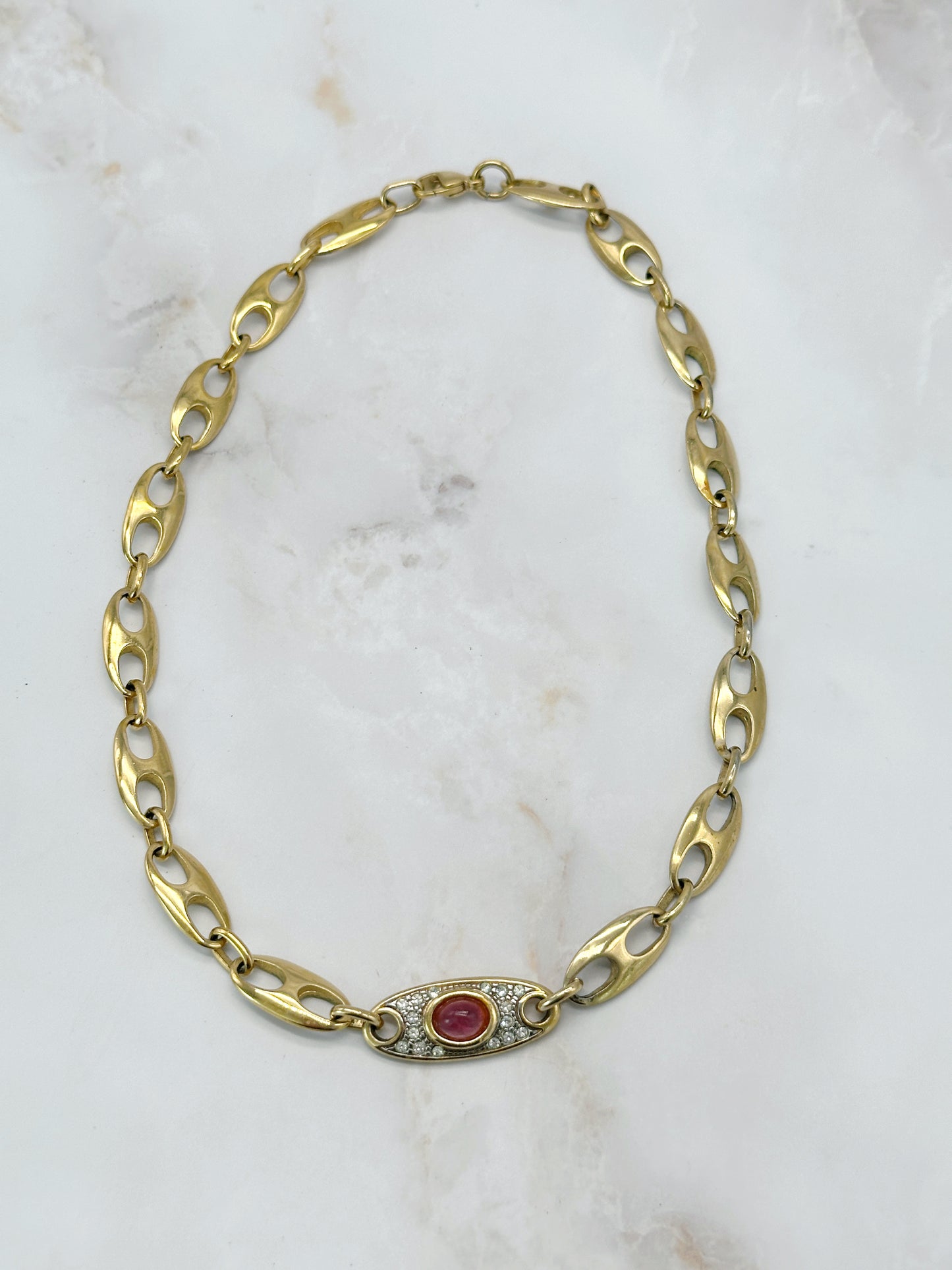 Vintage Kaffeebohnen Halskette Vergoldet Rosa Cabochon