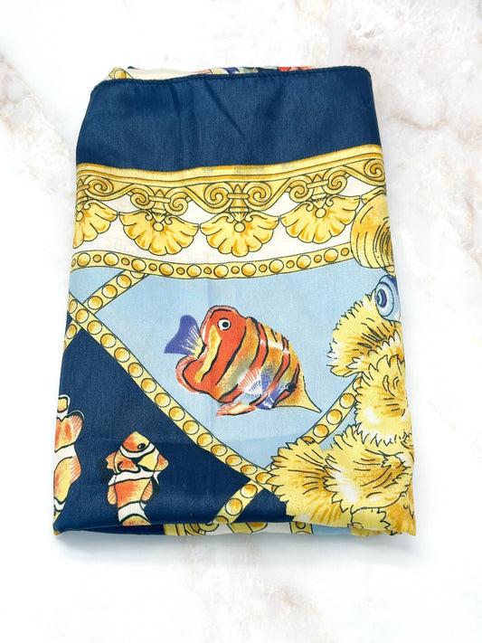 Vintage Seidentuch mit Fischmotiv Blau & Koralle