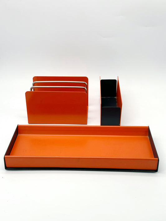 Midcentury Schreibtischset Metall, Orange/Schwarz (3-teilig)