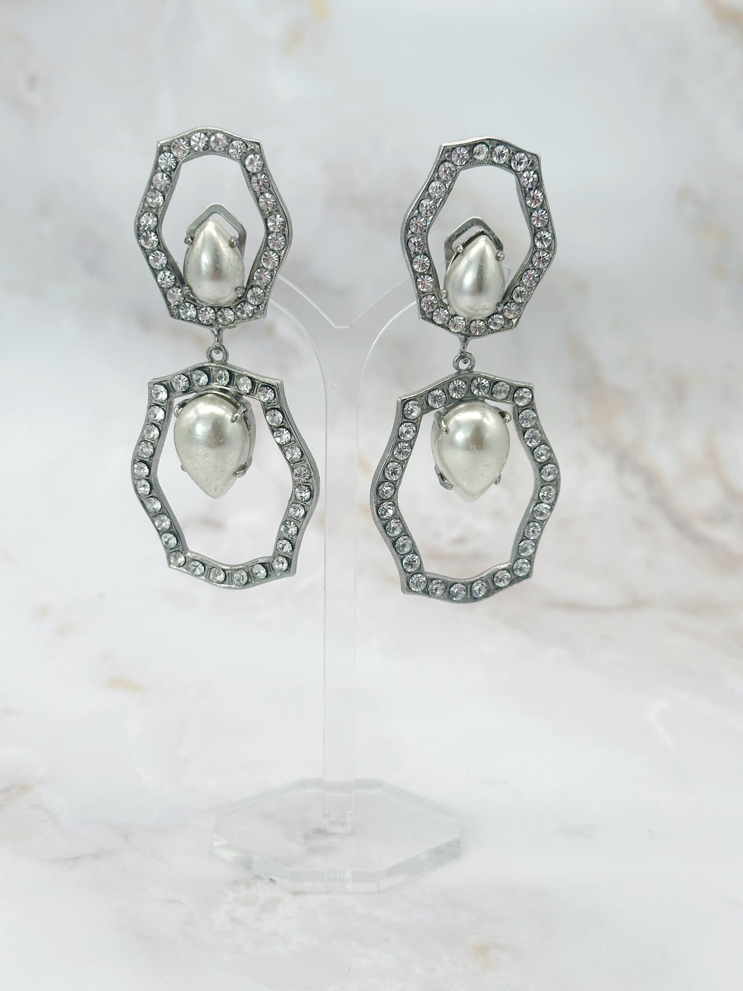 Vintage Statement Ohrclips Strass & Perle Zweiteilig