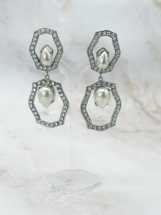 Vintage Statement Ohrclips Strass & Perle Zweiteilig