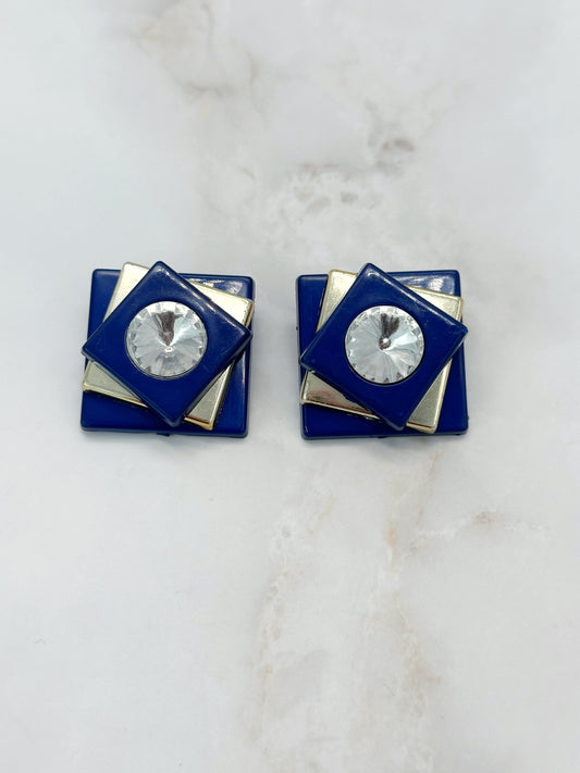 Vintage Statement Ohrclips Eckig Blau Gold Strass