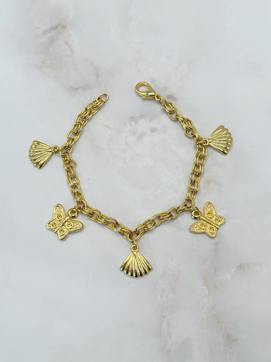 Armband Vergoldet mit Muschel & Schmetterling Anhängern