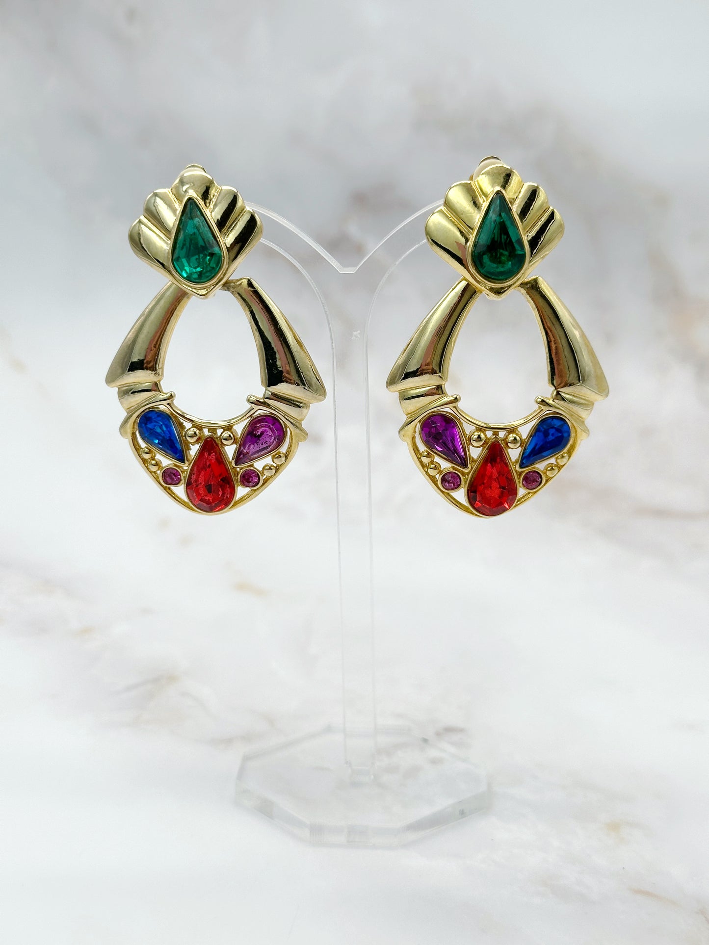 Vintage Ohrclips Doorknocker Bunte Kristalltropfen