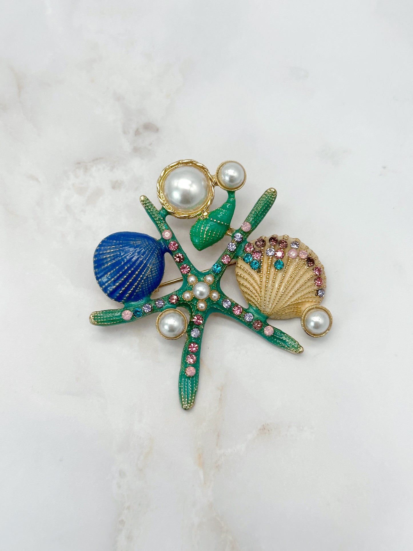Signierte Monet Vintage Brosche Maritim Perlen & Strass
