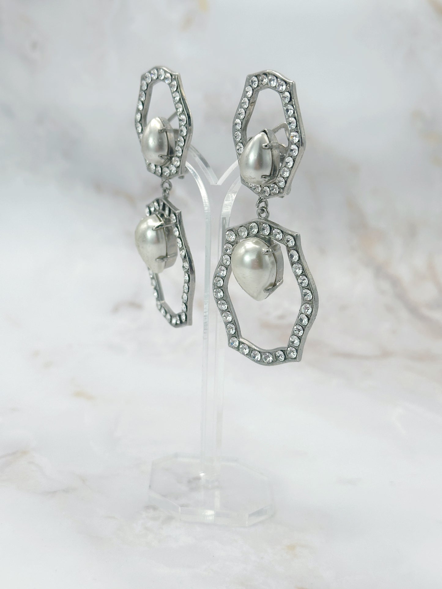Vintage Statement Ohrclips Strass & Perle Zweiteilig