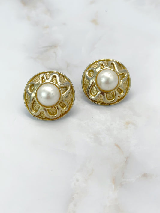 Vintage Statement Ohrclips Perle Vergoldet 80er Jahre