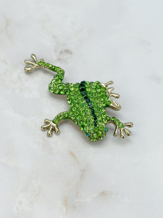 Vintage Frosch Brosche Vergoldet Grüner Strass