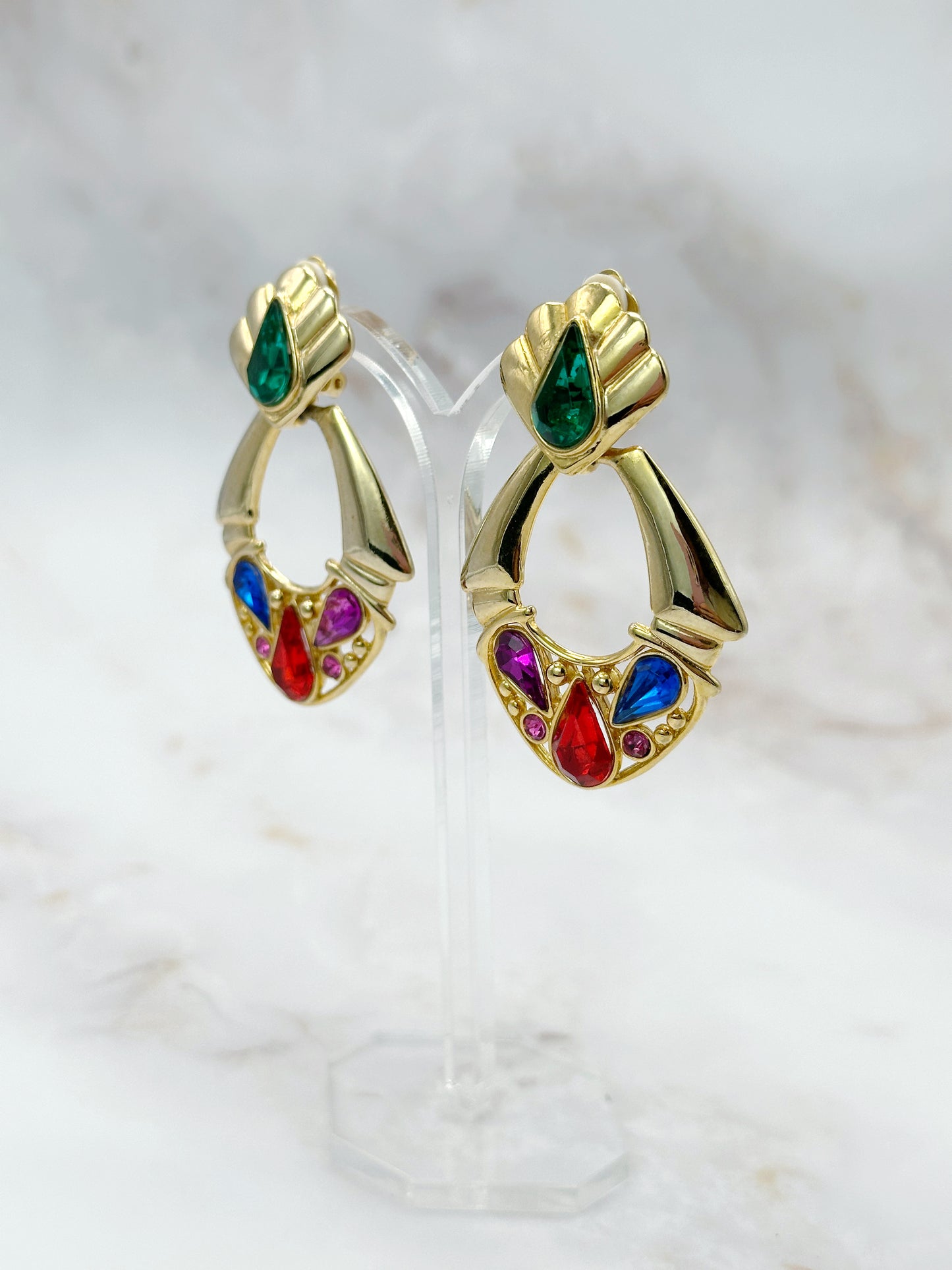 Vintage Ohrclips Doorknocker Bunte Kristalltropfen