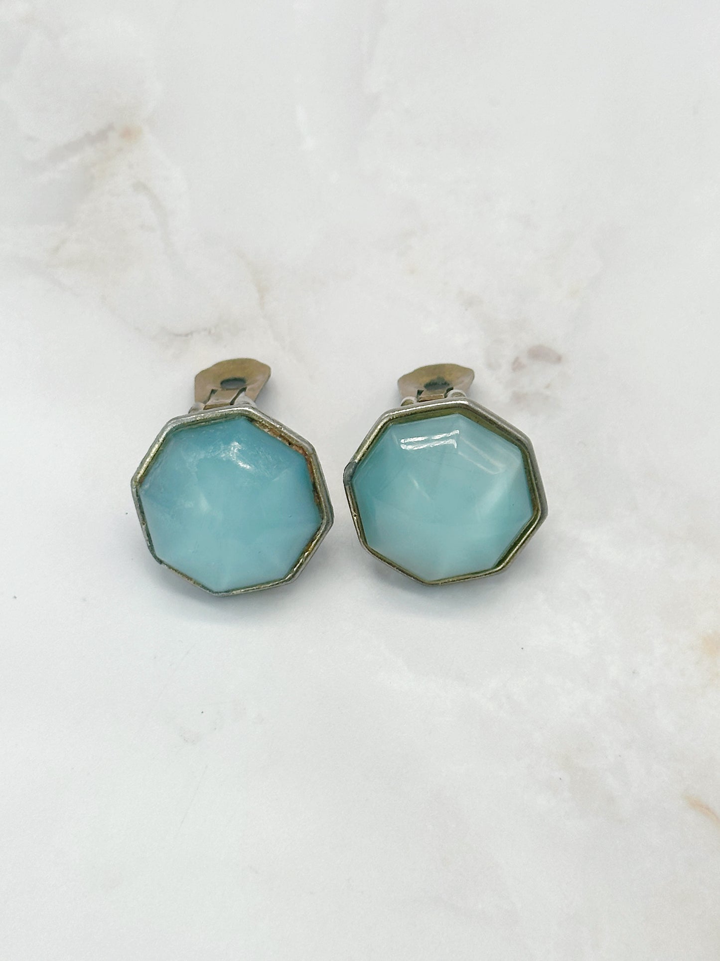 Funkelnde Vintage Ohrclips mit hellblauem Glas und Sterneffekt