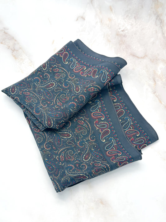 Vintage Seidenschal Paisley Grau mit Farb-Akzenten