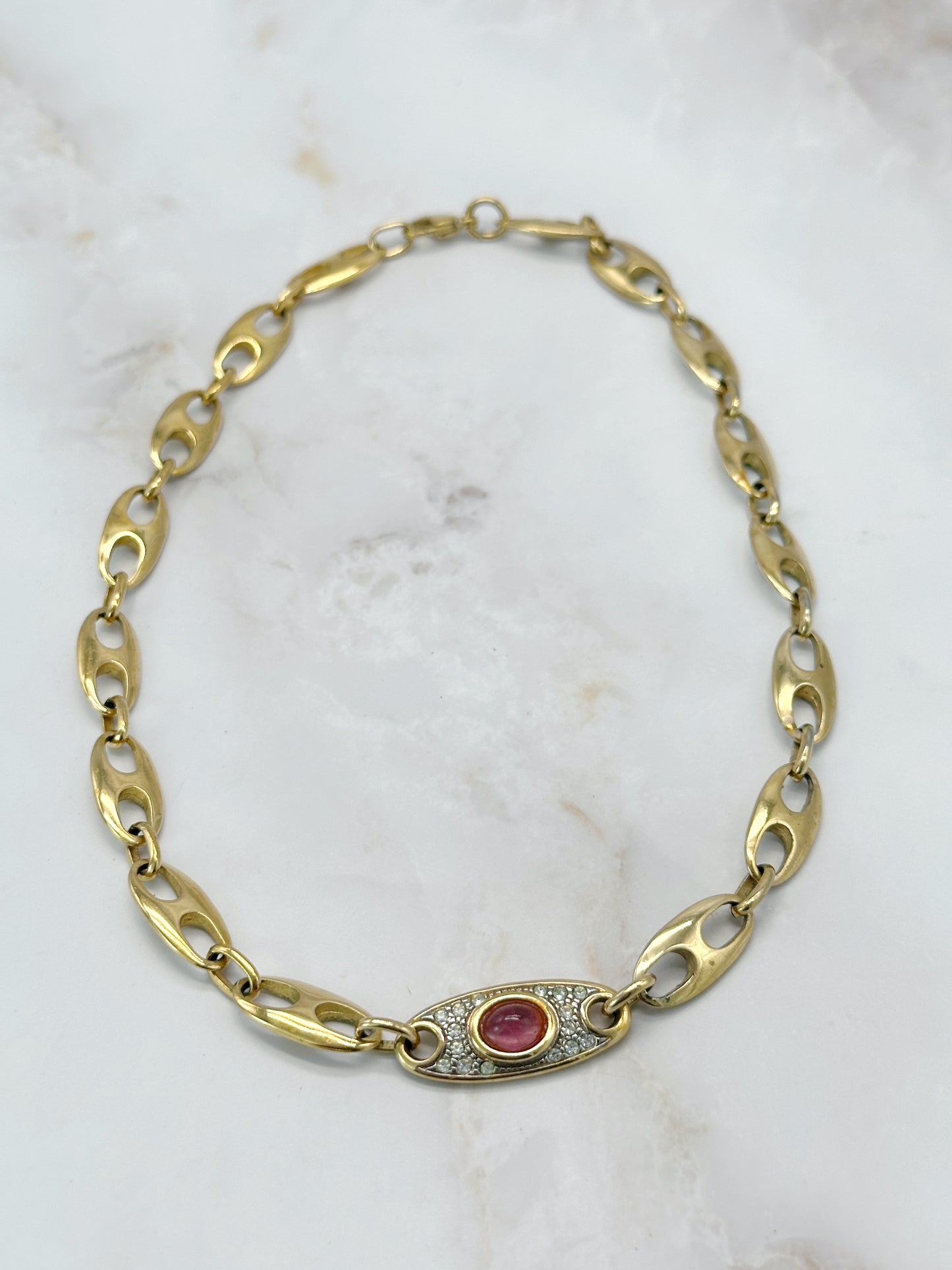 Vintage Kaffeebohnen Halskette Vergoldet Rosa Cabochon