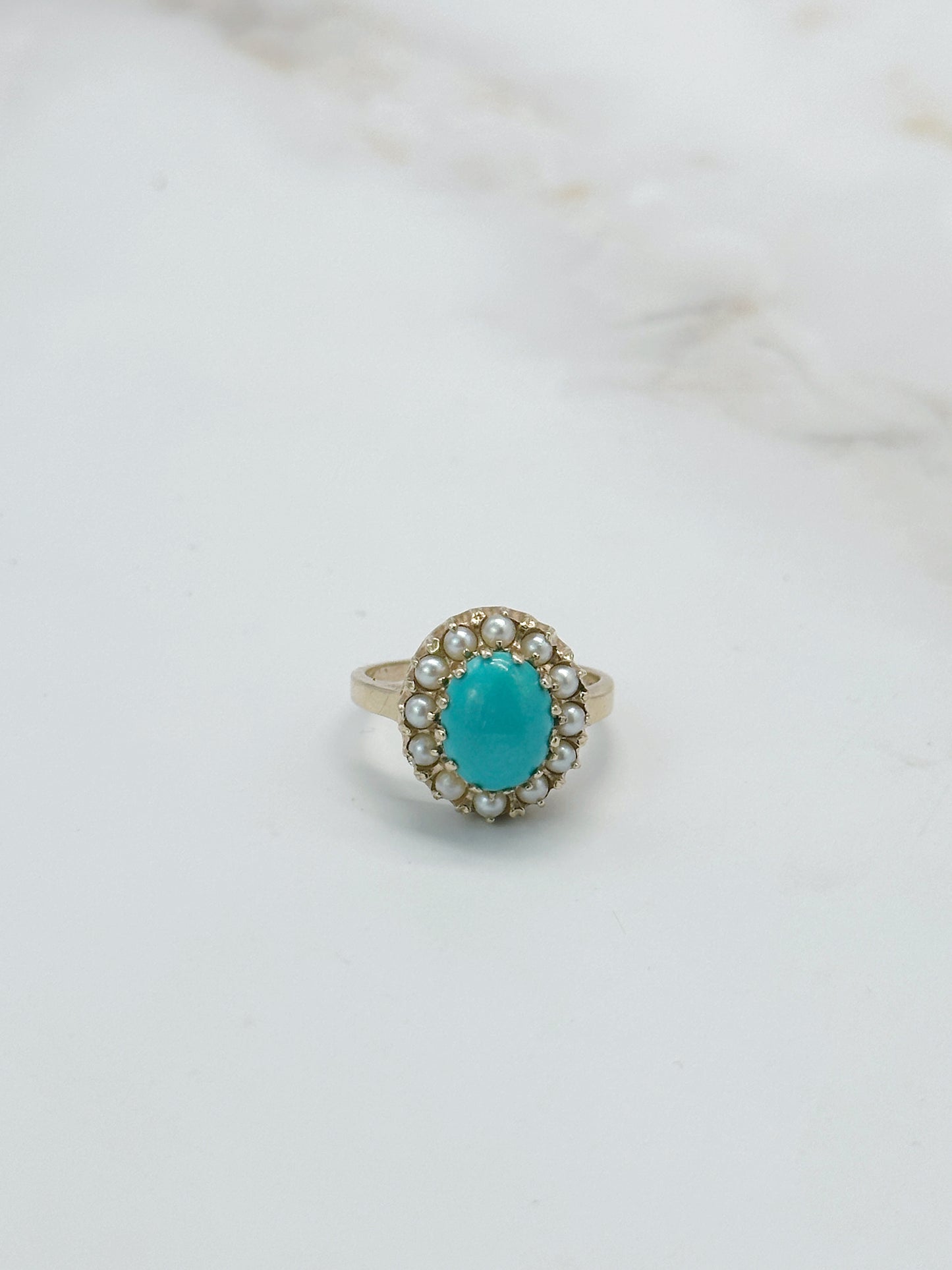 Vintage Ring in 585 Gelbgold mit Türkis und Zuchtperlen