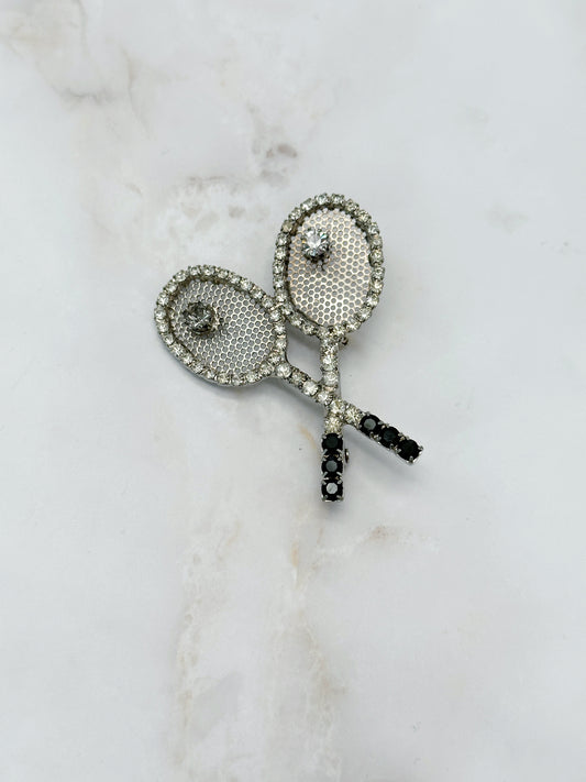 Brosche Tennisschläger Strass & Schwarzes Glas